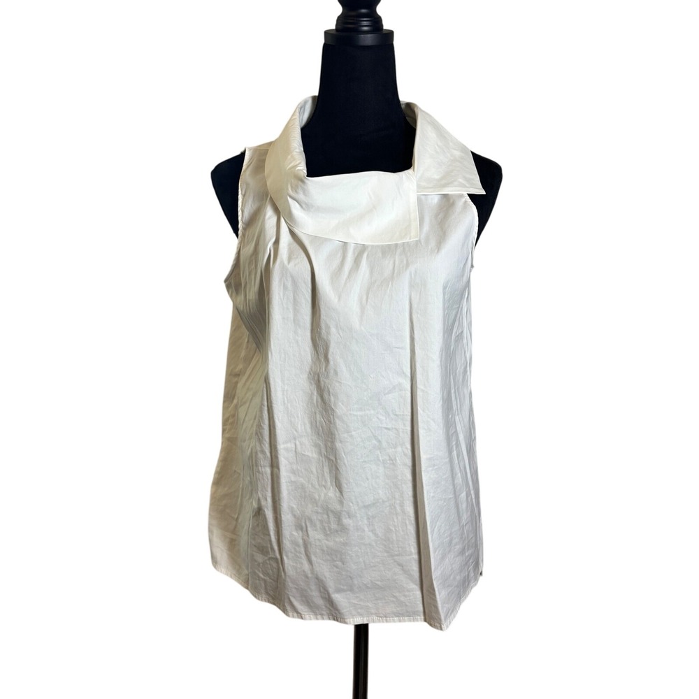 Beau Jours Sleeveless Top Statement Collar Pleated Front Casual Blouse White‎